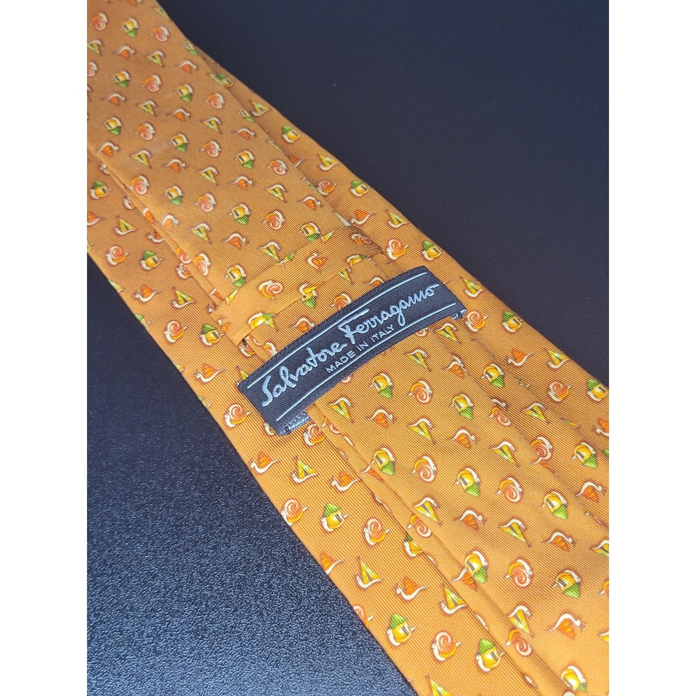 Salvatore Ferragamo Necktie Orange Snail Sailboat Pattern Italy Excellent